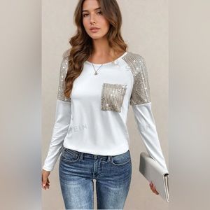 White/Gold Sequin-Embellished Raglan Sleeve Tee